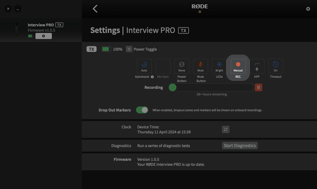 On-board recording mode configured in RØDE Central